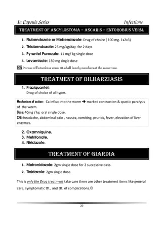IIIIn CCCCapsule SSSSeries Infections
20
TREATMENT OF ANCYLOSTOMA – ASCARIS – ENTOROBIUS VERM.
1. Flubendazole or Mebendazole: Drug of choice ( 100 mg. 1x2x3)
2. Thiabendazole: 25 mg/kg/day for 2 days
3. Pyrantel Pamoate: 11 mg/ kg single dose
4. Levamisole: 150 mg single dose
NNNNBBBB in case of Entorobius verm.ttt. of all family members at the same time.
TREATMENT OF BILHARZIASIS
1. Praziquantel:
Drug of choice of all types.
Mechanism of action : Ca influx into the worm marked contraction & spastic paralysis
of the worm.
Dose: 40mg / kg oral single dose.
S/E: headache, abdominal pain , nausea, vomiting, pruritis, fever, elevation of liver
enzymes.
2. Oxamniquine.
3. Metrifonate.
4. Niridazole.
TREATMENT OF GIARDIA
1. Metronidazole: 2gm single dose for 2 successive days.
2. Tinidazole: 2gm single dose.
This is only the Drug treatment take care there are other treatment items like general
care, symptomatic ttt., and ttt. of complications.☺
 