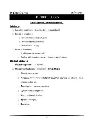 IIIIn CCCCapsule SSSSeries Infections
6
BRUCELLOSIS
(malta fever , undulant fever )
Etiology :
1. Causative organism: Brucella , Gm –ve coccobacilli
2. Source of infection :
o Brucella melitenesis : in goats
o Brucella abortus : in cows
o Brucella suis : in pigs.
3. Mode of infection :
o Drinking contaminated milk.
o Dealing with infected animals : farmers , veterinarian.
Clinical picture :
1. Incubation period : 1 – 2 weeks .
2. Clinical manifestations : mnemonic : brucellosis
o Bone & muscle pain.
o Relapsing fever : fever lasts for 10 days then apyrexia for 10 days , then
relapse and so on.
o Constipation , nausea , vomiting.
o Lymph node enlargement.
o Liver : enlarged , tender.
o Spleen : enlarged.
o Sweating.
 