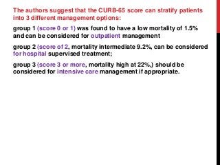 The authors suggest that the CURB-65 score can stratify patients
into 3 different management options:
group 1 (score 0 or 1) was found to have a low mortality of 1.5%
and can be considered for outpatient management
group 2 (score of 2, mortality intermediate 9.2%, can be considered
for hospital supervised treatment;
group 3 (score 3 or more, mortality high at 22%,) should be
considered for intensive care management if appropriate.
 