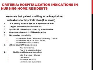 CRITERIA: HOSPITALIZATION INDICATIONS IN
NURSING HOME RESIDENTS
Assumes that patient is willing to be hospitalized
Indications for hospitalization (2 or more)
1. Respiratory Rate >30 bpm or 10 bpm over baseline
2. Oxygen Saturation <90% on room air
3. Systolic BP <90 mmhg or 20 mm Hg below baseline
4. Oxygen requirement >3 LPM over baseline
5. Uncontrolled comorbidity
• Uncontrolled Chronic Obstructive Pulmonary Disease
• Uncontrolled Congestive Heart Failure
• Uncontrolled Diabetes Mellitus
6. Altered Level of Consciousness
• New Somnolence
• New or increased agitation
7. Facility unable to care for patient
• Vital Signs every 4 hours
• Lab access
• Parenteral hydration
• Licensed nursing available
 
