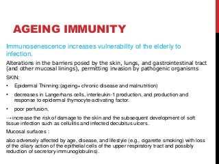 AGEING IMMUNITY
Immunosenescence increases vulnerability of the elderly to
infection.
Alterations in the barriers posed by the skin, lungs, and gastrointestinal tract
(and other mucosal linings), permitting invasion by pathogenic organisms
SKIN:
• Epidermal Thinning:(ageing+ chronic disease and malnutrition)
• decreases in Langerhans cells, interleukin-1 production, and production and
response to epidermal thymocyte-activating factor.
• poor perfusion,
→ increase the risk of damage to the skin and the subsequent development of soft
tissue infection such as cellulitis and infected decubitus ulcers.
Mucosal surfaces :
also adversely affected by age, disease, and lifestyle (e.g., cigarette smoking) with loss
of the ciliary action of the epithelial cells of the upper respiratory tract and possibly
reduction of secretory immunoglobulins).
 