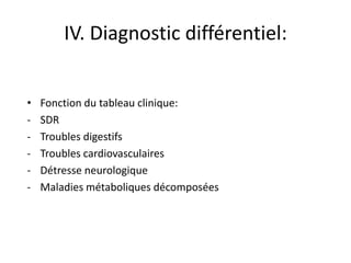 IV. Diagnostic différentiel:


•   Fonction du tableau clinique:
-   SDR
-   Troubles digestifs
-   Troubles cardiovasculaires
-   Détresse neurologique
-   Maladies métaboliques décomposées
 