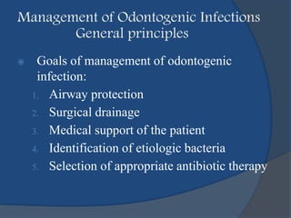Management of Odontogenic Infections
General principles
 Goals of management of odontogenic
infection:
1. Airway protection
2. Surgical drainage
3. Medical support of the patient
4. Identification of etiologic bacteria
5. Selection of appropriate antibiotic therapy
 