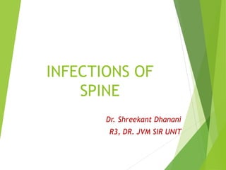 INFECTIONS OF
SPINE
Dr. Shreekant Dhanani
R3, DR. JVM SIR UNIT
 