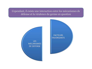 Cependant, il existe une interaction entre les mécanismes de
      défense et la virulence du germe en question




                                     FACTEURS
                                   FAVORISANTS
                  LES
              MECANISMES
              DE DEFENSE
 