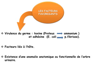 LES FACTEURS
                            FAVORISANTS




 Virulence du germe : toxine (Proteus       ammonium )
                   et adhésine (E. coli      p.fibriase).


 Facteurs liés à l’hôte.


 Existence d’une anomalie anatomique ou fonctionnelle de l’arbre
  urinaire.
 