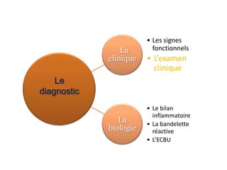 • Les signes
                 La       fonctionnels
             clinique   • L’examen
                          clinique
    Le
diagnostic
                        • Le bilan
                          inflammatoire
                La      • La bandelette
             biologie     réactive
                        • L’ECBU
 