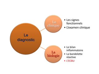 • Les signes
                 La       fonctionnels
             clinique
                        • L’examen clinique

    Le
diagnostic
                        • Le bilan
                          inflammatoire
                La      • La bandelette
             biologie     réactive
                        • L’ECBU
 