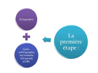 Echographie




                   La
                première
   Cysto-        étape :
urétrographie
 mictionnelle
 rétrograde
   (CUM)
 