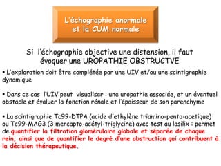 L’échographie anormale
                        et la CUM normale


        Si l’échographie objective une distension, il faut
            évoquer une UROPATHIE OBSTRUCTVE
 L’exploration doit être complétée par une UIV et/ou une scintigraphie
dynamique

 Dans ce cas l’UIV peut visualiser : une uropathie associée, et un éventuel
obstacle et évaluer la fonction rénale et l’épaisseur de son parenchyme

 La scintigraphie Tc99-DTPA (acide diethylène triamino-penta-acetique)
ou Tc99-MAG3 (3 mercapto-acétyl-triglycine) avec test au lasilix : permet
de quantifier la filtration glomérulaire globale et séparée de chaque
rein, ainsi que de quantifier le degré d’une obstruction qui contribuent à
la décision thérapeutique.
 