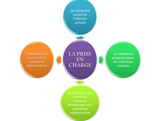 Le traitement
                      curatif de
                      l’infection
                        urinaire




L’antibioprophy    LA PRISE             Le traitement
  laxie dans les                       prophylactique
    uropathies        EN               des infections
malformatives      CHARGE                 urinaires




                   Le traitement des
                       infections
                        urinaires
                   récidivantes sans
                       uropathies
                    malformatives
 