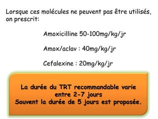 Lorsque ces molécules ne peuvent pas être utilisés,
on prescrit:

             Amoxicilline 50-100mg/kg/jr

             Amox/aclav : 40mg/kg/jr

             Cefalexine : 20mg/kg/jr


     La durée du TRT recommandable varie
                entre 2-7 jours
   Souvent la durée de 5 jours est proposée.
 