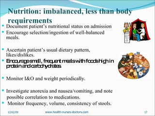 Nutrition: imbalanced, less than body requirements Document patient’s nutritional status on admission Encourage selection/ingestion of well-balanced meals. Ascertain patient’s usual dietary pattern, likes/dislikes. Encourage small, frequent meals with foods high in protein and carbohydrates. Monitor I&O and weight periodically. Investigate anorexia and nausea/vomiting, and note possible correlation to medications. Monitor frequency, volume, consistency of stools. 06/07/09 www.health-nurses-doctors.com 