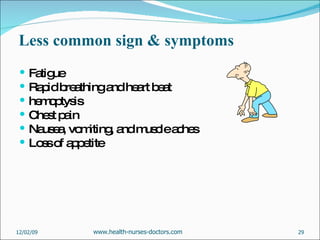 Less common sign & symptoms  Fatigue Rapid breathing and heart beat  hemoptysis Chest pain Nausea, vomiting, and muscle aches Loss of appetite 06/07/09 www.health-nurses-doctors.com 