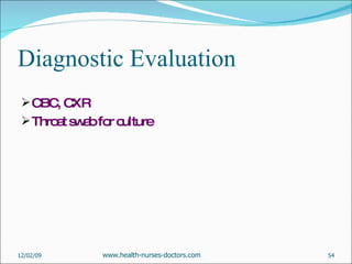 Diagnostic Evaluation CBC, CXR Throat swab for culture 06/07/09 www.health-nurses-doctors.com 