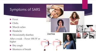 Symptoms of SARS
 Fever
 Chills
 Muscle aches
 Headache
 Occasionally diarrhea
After a weak – Fever 100.5F or
higher
 Dry cough
 Shortness of breath
 