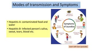 Modes of transmission and Symptoms
• Hepatitis A- contaminated food and
water
• Hepatitis B- Infected person’s saliva,
sweat, tears, blood etc.
Learn with Saro (youtube)
 