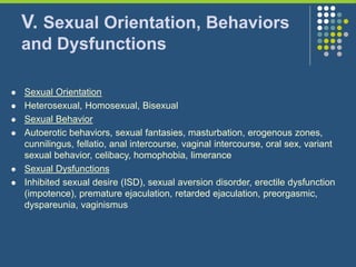 V. Sexual Orientation, Behaviors
and Dysfunctions
 Sexual Orientation
 Heterosexual, Homosexual, Bisexual
 Sexual Behavior
 Autoerotic behaviors, sexual fantasies, masturbation, erogenous zones,
cunnilingus, fellatio, anal intercourse, vaginal intercourse, oral sex, variant
sexual behavior, celibacy, homophobia, limerance
 Sexual Dysfunctions
 Inhibited sexual desire (ISD), sexual aversion disorder, erectile dysfunction
(impotence), premature ejaculation, retarded ejaculation, preorgasmic,
dyspareunia, vaginismus
 
