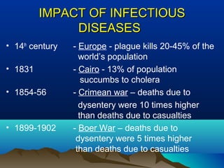 IMPACT OF INFECTIOUSIMPACT OF INFECTIOUS
DISEASESDISEASES
• 14th
century - Europe - plague kills 20-45% of the
world’s population
• 1831 - Cairo - 13% of population
succumbs to cholera
• 1854-56 - Crimean war – deaths due to
dysentery were 10 times higher
than deaths due to casualties
• 1899-1902 - Boer War – deaths due to
dysentery were 5 times higher
than deaths due to casualties
 