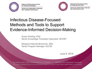 Follow us @nccmt Suivez-nous @ccnmo
Funded by the Public Health Agency of Canada | Affiliated with McMaster University
The views expressed here do not necessarily reflect the views of the Public Health Agency of Canada.
Infectious Disease-Focused
Methods and Tools to Support
Evidence-Informed Decision-Making
Susan Snelling, PhD
Senior Knowledge Translation Specialist, NCCMT
Margaret Haworth-Brockman, MSc
Senior Program Manager, NCCID
June 9, 2016
 