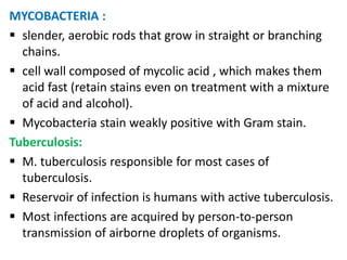 MYCOBACTERIA :
 slender, aerobic rods that grow in straight or branching
  chains.
 cell wall composed of mycolic acid , which makes them
  acid fast (retain stains even on treatment with a mixture
  of acid and alcohol).
 Mycobacteria stain weakly positive with Gram stain.
Tuberculosis:
 M. tuberculosis responsible for most cases of
  tuberculosis.
 Reservoir of infection is humans with active tuberculosis.
 Most infections are acquired by person-to-person
  transmission of airborne droplets of organisms.
 