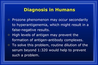 Diagnosis in Humans
o Prozone phenomenon may occur secondarily
to hyperantigenemia, which might result in a
false-negative results.
o High levels of antigen may prevent the
formation of antigen-antibody complexes.
o To solve this problem, routine dilution of the
serum beyond 1:320 would help to prevent
such a problem.
 