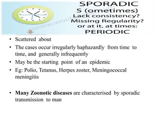 SPORADIC
• Scattered about
• The cases occur irregularly haphazardly from time to
time, and generally infrequently
• May be the starting point of an epidemic
• Eg: Polio, Tetanus, Herpes zoster, Meningococcal
meningitis
• Many Zoonotic diseases are characterised by sporadic
transmission to man
 