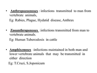 • Anthropozoonoses : infections transmitted to man from
vertebrate animals,
Eg: Rabies, Plague, Hydatid disease, Anthrax
• Zooanthroponoses :infections transmitted from man to
vertebrate animals.
Eg: Human Tuberculosis in cattle
• Amphixenoses :infections maintained in both man and
lower vertebrate animals that may be transmitted in
either direction
Eg: T.Cruzi, S.Joponicum
 