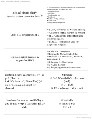 Clinical picture of HIV
seroconversion (glandular fever)?
☆ HIV seroconversion resembles infection with cytomegalovirus,
toxoplasmosis and the Epstein-Barr virus
◥ Lymphadenopathy
◥ Diarrhoea
◥ Maculopapular rash
◥ Sore throat
◥ Malaise, myalgia, arthralgia
◥ Mouth ulcers
◥ Rarely meningoencephalitis
Dx of HIV seroconversion ?
◥ ELISA, conﬁrmed by Western blotting
◥ Antibodies to HIV may not be present
◥ HIV PCR and p24 antigen tests can
confirm diagnosis
◥ The CD4+ count is not used for
diagnostic purposes
immunological changes in
progressive HIV ?
❀ Reduction in CD4 count
❀ Increase B2-Microglobulin (IBM)
❀ Decrease IL-2 production (DIL=DELL) 〘
IBM & DELL 〙
❀ Polyclonal B-cell activation
❀ ↓ NK cell function
❀ ↓ delayed hypersensitivity responses
Contraindicated Vaccines in HIV +ve
pt ? (Cholera
SABIN's Beautiful, INcredible!) (all
are live attenuated except for
cholera)
❀ Cholera
❀ SABIN's = Sabin's polio virus
(oral)
❀ B = BCG
❀ IN = influenza (intranasal)
Vaccines that can be used if CD4 >
200 in HIV +ve pt ? (Varicella Yellow
MMR)
❀ Varicella
❀ Yellow Fever
❀ MMR
MRCP Infectious Disease Revision notes
Dr.Sherif Elbadrawy
 