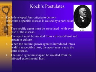 Koch’s Postulates

Koch developed four criteria to demon-
strate that a specific disease is caused by a particular
agent.
1. The specific agent must be associated with every
    case of the disease.
2. The agent must be isolated from a diseased host and
    grown in culture.
3. When the culture-grown agent is introduced into a
    healthy susceptible host, the agent must cause the
    same disease.
4. The same agent must again be isolated from the
    infected experimental host.
 