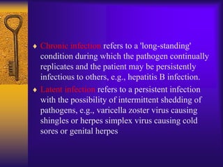 Chronic infection refers to a 'long-standing'
condition during which the pathogen continually
replicates and the patient may be persistently
infectious to others, e.g., hepatitis B infection.
Latent infection refers to a persistent infection
with the possibility of intermittent shedding of
pathogens, e.g., varicella zoster virus causing
shingles or herpes simplex virus causing cold
sores or genital herpes
 