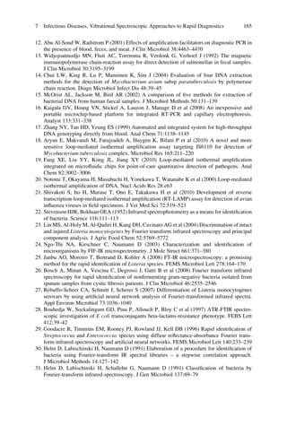 12. Abu Al-Soud W, Radstrom P (2001) Effects of ampliﬁcation facilitators on diagnostic PCR in
the presence of blood, feces, and meat. J Clin Microbiol 38:4463–4470
13. Widjojoatmodjo MN, Fluit AC, Torensma R, Verdonk G, Verhoef J (1992) The magnetic
immunopolymerase chain-reaction assay for direct detection of salmonellae in fecal samples.
J Clin Microbiol 30:3195–3199
14. Chui LW, King R, Lu P, Manninen K, Sim J (2004) Evaluation of four DNA extraction
methods for the detection of Mycobacterium avium subsp paratuberculosis by polymerase
chain reaction. Diagn Microbiol Infect Dis 48:39–45
15. McOrist AL, Jackson M, Bird AR (2002) A comparison of ﬁve methods for extraction of
bacterial DNA from human faecal samples. J Microbiol Methods 50:131–139
16. Kaigala GV, Hoang VN, Stickel A, Lauzon J, Manage D et al (2008) An inexpensive and
portable microchip-based platform for integrated RT-PCR and capillary electrophoresis.
Analyst 133:331–338
17. Zhang NY, Tan HD, Yeung ES (1999) Automated and integrated system for high-throughput
DNA genotyping directly from blood. Anal Chem 71:1138–1145
18. Aryan E, Makvandi M, Farajzadeh A, Huygen K, Bifani P et al (2010) A novel and more
sensitive loop-mediated isothermal ampliﬁcation assay targeting IS6110 for detection of
Mycobacterium tuberculosis complex. Microbiol Res 165:211–220
19. Fang XE, Liu YY, Kong JL, Jiang XY (2010) Loop-mediated isothermal ampliﬁcation
integrated on microﬂuidic chips for point-of-care quantitative detection of pathogens. Anal
Chem 82:3002–3006
20. Notomi T, Okayama H, Masubuchi H, Yonekawa T, Watanabe K et al (2000) Loop-mediated
isothermal ampliﬁcation of DNA. Nucl Acids Res 28:e63
21. Shivakoti S, Ito H, Murase T, Ono E, Takakuwa H et al (2010) Development of reverse
transcription-loop-mediated isothermal ampliﬁcation (RT-LAMP) assay for detection of avian
inﬂuenza viruses in ﬁeld specimens. J Vet Med Sci 72:519–523
22. Stevenson HJR, Bolduan OEA (1952) Infrared spectrophotometry as a means for identiﬁcation
of bacteria. Science 116:111–113
23. Lin MS, Al-Holy M, Al-Qadiri H, Kang DH, Cavinato AG et al (2004) Discrimination of intact
and injured Listeria monocytogenes by Fourier transform infrared spectroscopy and principal
component analysis. J Agric Food Chem 52:5769–5772
24. Ngo-Thi NA, Kirschner C, Naumann D (2003) Characterization and identiﬁcation of
microorganisms by FIF-IR microspectrometry. J Mole Struct 661:371–380
25. Janbu AO, Moretro T, Bertrand D, Kohler A (2008) FT-IR microspectroscopy: a promising
method for the rapid identiﬁcation of Listeria species. FEMS Microbiol Lett 278:164–170
26. Bosch A, Minan A, Vescina C, Degrossi J, Gatti B et al (2008) Fourier transform infrared
spectroscopy for rapid identiﬁcation of nonfermenting gram-negative bacteria isolated from
sputum samples from cystic ﬁbrosis patients. J Clin Microbiol 46:2535–2546
27. Rebuffo-Scheer CA, Schmitt J, Scherer S (2007) Differentiation of Listeria monocytogenes
serovars by using artiﬁcial neural network analysis of Fourier-transformed infrared spectra.
Appl Environ Microbiol 73:1036–1040
28. Bouhedja W, Sockalingum GD, Pina P, Allouch P, Bloy C et al (1997) ATR-FTIR spectro-
scopic investigation of E coli transconjugants beta-lactams-resistance phenotype. FEBS Lett
412:39–42
29. Goodacre R, Timmins EM, Rooney PJ, Rowland JJ, Kell DB (1996) Rapid identiﬁcation of
Streptococcus and Enterococcus species using diffuse reﬂectance-absorbance Fourier trans-
form infrared spectroscopy and artiﬁcial neural networks. FEMS Microbiol Lett 140:233–239
30. Helm D, Labischinski H, Naumann D (1991) Elaboration of a procedure for identiﬁcation of
bacteria using Fourier-transform IR spectral libraries – a stepwise correlation approach.
J Microbiol Methods 14:127–142
31. Helm D, Labischinski H, Schallehn G, Naumann D (1991) Classiﬁcation of bacteria by
Fourier-transform infrared-spectroscopy. J Gen Microbiol 137:69–79
7 Infectious Diseases, Vibrational Spectroscopic Approaches to Rapid Diagnostics 165
 