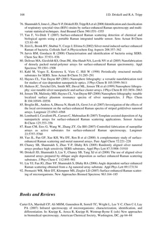76. Shanmukh S, JonesL,ZhaoY-P, Driskell JD, TrippRA et al (2008) Identiﬁcationand classiﬁcation
of respiratory syncytial virus (RSV) strains by surface-enhanced Raman spectroscopy and multi-
variate statistical techniques. Anal Bioanal Chem 390:1551–1555
77. Yan F, Vo-Dinh T (2007) Surface-enhanced Raman scattering detection of chemical and
biological agents using a portable Raman integrated tunable sensor. Sens Actuat B-Chem
121:61–66
78. Zeiri L, Bronk BV, Shabtai Y, Czege J, Efrima S (2002) Silver metal induced surface enhanced
Raman of bacteria. Colloids Surf A-Physicochem Eng Aspects 208:357–362
79. Jarvis RM, Goodacre R (2008) Characterisation and identiﬁcation of bacteria using SERS.
Chem Soc Rev 37:931–936
80. DeJesus MA, Giesfeldt KS, Oran JM, Abu-Hatab NA, Lavrik NV et al (2005) Nanofabrication
of densely packed metal-polymer arrays for surface-enhanced Raman spectrometry. Appl
Spectrosc 59:1501–1508
81. Kahl M, Voges E, Kostrewa S, Viets C, Hill W (1998) Periodically structured metallic
substrates for SERS. Sens Actuat B-Chem 51:285–291
82. Haynes CL, Van Duyne RP (2001) Nanosphere lithography: a versatile nanofabrication tool
for studies of size-dependent nanoparticle optics. J Phys Chem B 105:5599–5611
83. Hulteen JC, Treichel DA, Smith MT, Duval ML, Jensen TR et al (1999) Nanosphere lithogra-
phy: size-tunable silver nanoparticle and surface cluster arrays. J Phys Chem B 103:3854–3863
84. Jensen TR, Malinsky MD, Haynes CL, Van Duyne RP (2000) Nanosphere lithography: tunable
localized surface plasmon resonance spectra of silver nanoparticles. J Phys Chem
B 104:10549–10556
85. Broglin BL, Andreu A, Dhussa N, Heath JA, Gerst J et al (2007) Investigation of the effects of
the local environment on the surface-enhanced Raman spectra of striped gold/silver nanorod
arrays. Langmuir 23:4563–4568
86. Lombardi I, Cavallotti PL, Carraro C, Maboudian R (2007) Template assisted deposition of Ag
nanoparticle arrays for surface-enhanced Raman scattering applications. Sensor Actuat
B-Chem 125:353–356
87. Ruan CM, Eres G, Wang W, Zhang ZY, Gu BH (2007) Controlled fabrication of nanopillar
arrays as active substrates for surface-enhanced Raman spectroscopy. Langmuir
23:5757–5760
88. Yao JL, Pan GP, Xue KH, Wu DY, Ren B et al (2000) A complementary study of surface-
enhanced Raman scattering and metal nanorod arrays. Pure Appl Chem 72:221–228
89. Chaney SB, Shanmukh S, Zhao Y-P, Dluhy RA (2005) Randomly aligned silver nanorod
arrays produce high sensitivity SERS substrates. Appl Phys Lett 87:31908–31910
90. Driskell JD, Shanmukh S, Liu Y, Chaney SB, Tang XJ et al (2008) The use of aligned silver
nanorod arrays prepared by oblique angle deposition as surface enhanced Raman scattering
substrates. J Phys Chem C 112:895–901
91. Liu YJ, Fan JG, Zhao YP, Shanmukh S, Dluhy RA (2006) Angle dependent surface enhanced
Raman scattering obtained from a Ag nanorod array substrate. Appl Phys Lett 89:173134
92. Premasiri WR, Moir DT, Klempner MS, Ziegler LD (2007) Surface-enhanced Raman scatter-
ing of microorganisms. New Approaches Biomed Spectrosc 963:164–185
Books and Reviews
Carter EA, Marshall CP, Ali MHM, Ganendren R, Sorrell TC, Wright L, Lee Y-C, Chen C-I, Lay
PA (2007) Infrared spectroscopy of microorganisms: characterization, identiﬁcation, and
differentiation. In: Kneipp K, Aroca R, Kneipp H, Wentrup-Byrne E (eds) New approaches
in biomedical spectroscopy. American Chemical Society, Washington, DC, pp 64–84
168 J.D. Driskell and R.A. Tripp
 