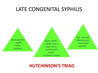 LATE CONGENITAL SYPHILIS
Neurosyphilis
– eighth
nerve
deafness
Bone, teeth –
saddle nose –
saber shins –
hutchinson’s
teeth –
mulberry molars
Eye –corneal
inflammation
– interstitial
keratitis
HUTCHINSON’S TRIAD
 