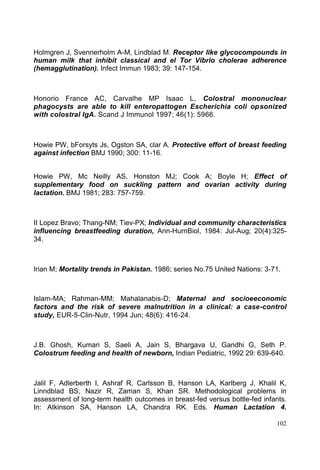 102
Holmgren J, Svennerholm A-M, Lindblad M. Receptor like glycocompounds in
human milk that inhibit classical and el Tor Vibrio cholerae adherence
(hemagglutination). Infect Immun 1983; 39: 147-154.
Honorio France AC, Carvalhe MP Isaac L, Colostral mononuclear
phagocysts are able to kill enteropattogen Escherichia coli opsonized
with colostral IgA. Scand J Immunol 1997; 46(1): 5966.
Howie PW, bForsyts Js, Ogston SA, clar A. Protective effort of breast feeding
against infection BMJ 1990; 300: 11-16.
Howie PW, Mc Neilly AS, Honston MJ; Cook A; Boyle H; Effect of
supplementary food on suckling pattern and ovarian activity during
lactation. BMJ 1981; 283: 757-759.
II Lopez Bravo; Thang-NM; Tiev-PX; Individual and community characteristics
influencing breastfeeding duration, Ann-HurnBiol, 1984: Jul-Aug; 20(4):325-
34.
Irian M; Mortality trends in Pakistan. 1986; series No.75 United Nations: 3-71.
Islam-MA; Rahman-MM; Mahalanabis-D; Maternal and socioeeconomic
factors and the risk of severe malnutrition in a clinical: a case-control
study, EUR-5-Clin-Nutr, 1994 Jun; 48(6): 416-24.
J.B. Ghosh, Kumari S, Saeli A, Jain S, Bhargava U, Gandhi G, Seth P.
Colostrum feeding and health of newborn, Indian Pediatric, 1992 29: 639-640.
Jalil F, Adlerberth I, Ashraf R, Carlsson B, Hanson LA, Karlberg J, Khalil K,
Linndblad BS, Nazir R, Zaman S, Khan SR. Methodological problems in
assessment of long-term health outcomes in breast-fed versus bottle-fed infants.
In: Atkinson SA, Hanson LA, Chandra RK. Eds. Human Lactation 4.
 