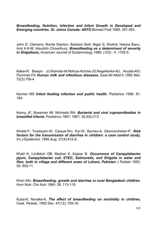 103
Breastfeeding, Nutrition, Infection and Infant Growth in Developed and
Emerging countries. St. Johns Canada: ARTS Biomed Publ 1990; 381-383.
John D. Clemens; Bonila Stanton; Barbara Stoll; Nigar S; Shahid; Hasina Banu,
And A.K-M; Alauddin Chowdhury; Breastfeeding as a determinant of severity
in Shigellosis, American Journal of Epidemiology 1986; (123) : 4: 1750-5.
Kakai-R; Bwayo- JJ;Wamola-IA;Ndinya-Achola-JO;Nagelkerke-NJ; Anzala-AO;
Plummer-FA Human milk and infectious diseases; East-Afr-Med-5 1995 Mar;
72(3):150-4
Karmer MS Infant feeding infection and public health. Pediatrics 1988; 81:
164.
Kenny JF, Boesman MI, Michaels RH. Bacterial and viral coproantibodies in
breastfed infants. Pediatrics 1967; 1967; 39:202-213.
Khaldi-F; Toodayan-W; Caique-Wc; Kyi-W; Barnes-A; Desmarchelier-P; Risk
factors for the transmission of diarrhea in children: a case control study,
Int.J-Epidemiol; 1995 Aug: 21(4):812-8.
Khalil K, Lindblom GB, Mazhar K, Kaijser B. Occurrence of Campylobacter
jejuni, Campylobacter coli, ETEC, Salmonella, and Shigella in water and
flies, both in village and different areas of Lahore, Pakistan J Pediatr 1993;
55: 905-11.
Khan MU. Breastfeeding, growth and diarrhea in rural Bangladesh children.
Hum Nutr: Clin Nutr 1984; 38: 113-119.
Kuba-K; Novake-A; The effect of breastfeeding on morbidity in children,
Cesk. Pediatr; 1992 Dec. 47(12): 709-16.
 