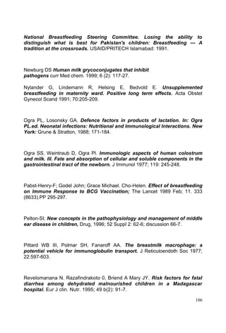 106
National Breastfeeding Steering Committee. Losing the ability to
distinguish what is best for Pakistan's children: Breastfeeding A
tradition at the crossroads. USAID/PRITECH Islamabad: 1991.
Newburg DS Human milk grycoconjugates that inhibit
pathogens curr Med chem. 1999; 6 (2): 117-27.
Nylander G, Lindemann R, Helsing E, Bedvold E. Unsupplemented
breastfeeding in maternity ward. Positive long term effects. Acta Obstet
Gynecol Scand 1991; 70:205-209.
Ogra PL, Losonsky GA. Defence factors in products of lactation. In: Ogra
PL.ed. Neonatal infections: Nutritional and Immunological Interactions. New
York: Grune & Stratton, 1988; 171-184.
Ogra SS, Weintraub D, Ogra Pl. Immunologic aspects of human colostrum
and milk. Ill. Fate and absorption of cellular and soluble components in the
gastrointestinal tract of the newborn. J Immunol 1977; 119: 245-248.
Pabst-Henry-F; Godel John; Grace Michael. Cho-Helen. Effect of breastfeeding
on Immune Response to BCG Vaccination; The Lancet 1989 Feb; 11. 333
(8633).PP 295-297.
Pelton-SI; New concepts in the pathophysiology and management of middle
ear disease in children, Drug, 1996; 52 Suppl 2: 62-6; discussion 66-7.
Pittard WB III, Polmar SH, Fanaroff AA. The breastmilk macrophage: a
potential vehicle for immunoglobulin transport. J Reticuloendoth Soc 1977;
22:597-603.
Revelomanana N. Razafindrakoto 0, Briend A Mary JY. Risk factors for fatal
diarrhea among dehydrated malnourished children in a Madagascar
hospital. Eur J clin. Nutr. 1995; 49 b(2): 91-7.
 