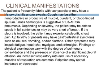 CLINICAL MANIFESTATIONS
The patient is frequently febrile with tachycardia or may have a
history of chills and/or sweats. Cough may be either
nonproductive or productive of mucoid, purulent, or blood-tinged
sputum. Gross hemoptysis is suggestive of CA-MRSA
pneumonia. Depending on severity, the patient may be able to
speak in full sentences or may be very short of breath. If the
pleura is involved, the patient may experience pleuritic chest
pain. Up to 20% of patients may have gastrointestinal symptoms
such as nausea, vomiting, and/or diarrhea. Other symptoms may
include fatigue, headache, myalgias, and arthralgias. Findings on
physical examination vary with the degree of pulmonary
consolidation and the presence or absence of a significant pleural
effusion. An increased respiratory rate and use of accessory
muscles of respiration are common. Palpation may reveal
increased or decreased
 