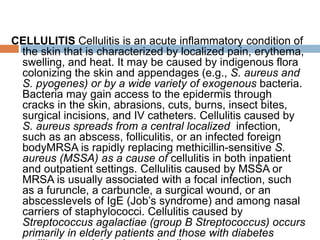 CELLULITIS Cellulitis is an acute inflammatory condition of
the skin that is characterized by localized pain, erythema,
swelling, and heat. It may be caused by indigenous flora
colonizing the skin and appendages (e.g., S. aureus and
S. pyogenes) or by a wide variety of exogenous bacteria.
Bacteria may gain access to the epidermis through
cracks in the skin, abrasions, cuts, burns, insect bites,
surgical incisions, and IV catheters. Cellulitis caused by
S. aureus spreads from a central localized infection,
such as an abscess, folliculitis, or an infected foreign
bodyMRSA is rapidly replacing methicillin-sensitive S.
aureus (MSSA) as a cause of cellulitis in both inpatient
and outpatient settings. Cellulitis caused by MSSA or
MRSA is usually associated with a focal infection, such
as a furuncle, a carbuncle, a surgical wound, or an
abscesslevels of IgE (Job’s syndrome) and among nasal
carriers of staphylococci. Cellulitis caused by
Streptococcus agalactiae (group B Streptococcus) occurs
primarily in elderly patients and those with diabetes
 