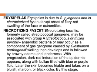ERYSIPELAS Erysipelas is due to S. pyogenes and is
characterized by an abrupt onset of fiery-red
swelling of the face or extremities.
NECROTIZING FASCIITISNecrotizing fasciitis,
formerly called streptococcal gangrene, may be
associated with group A Streptococcus or mixed
aerobic– anaerobic bacteria or may occur as a
component of gas gangrene caused by Clostridium
perfringensSwelling then develops and is followed
by brawny edema and tenderness. With
progression, dark-red induration of the epidermis
appears, along with bullae filled with blue or purple
fluid. Later the skin becomes friable and takes on a
bluish, maroon, or black color. By this stage,
 