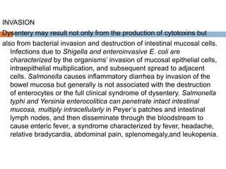 INVASION
Dysentery may result not only from the production of cytotoxins but
also from bacterial invasion and destruction of intestinal mucosal cells.
Infections due to Shigella and enteroinvasive E. coli are
characterized by the organisms’ invasion of mucosal epithelial cells,
intraepithelial multiplication, and subsequent spread to adjacent
cells. Salmonella causes inflammatory diarrhea by invasion of the
bowel mucosa but generally is not associated with the destruction
of enterocytes or the full clinical syndrome of dysentery. Salmonella
typhi and Yersinia enterocolitica can penetrate intact intestinal
mucosa, multiply intracellularly in Peyer’s patches and intestinal
lymph nodes, and then disseminate through the bloodstream to
cause enteric fever, a syndrome characterized by fever, headache,
relative bradycardia, abdominal pain, splenomegaly,and leukopenia.
 