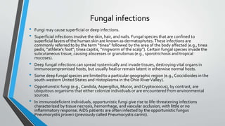Fungal infections 
• Fungi may cause superficial or deep infections. 
• Superficial infections involve the skin, hair, and nails. Fungal species that are confined to 
superficial layers of the human skin are known as dermatophytes. These infections are 
commonly referred to by the term “tinea” followed by the area of the body affected (e.g., tinea 
pedis, “athlete's foot”; tinea capitis, “ringworm of the scalp”). Certain fungal species invade the 
subcutaneous tissue, causing abscesses or granulomas (e.g., sporotrichosis and tropical 
mycoses). 
• Deep fungal infections can spread systemically and invade tissues, destroying vital organs in 
immunocompromised hosts, but usually heal or remain latent in otherwise normal hosts. 
• Some deep fungal species are limited to a particular geographic region (e.g., Coccidioides in the 
south-western United States and Histoplasma in the Ohio River Valley). 
• Opportunistic fungi (e.g., Candida, Aspergillus, Mucor, and Cryptococcus), by contrast, are 
ubiquitous organisms that either colonize individuals or are encountered from environmental 
sources. 
• In immunodeficient individuals, opportunistic fungi give rise to life-threatening infections 
characterized by tissue necrosis, hemorrhage, and vascular occlusion, with little or no 
inflammatory response. AIDS patients are often infected by the opportunistic fungus 
Pneumocystis jiroveci (previously called Pneumocystis carinii). 
 