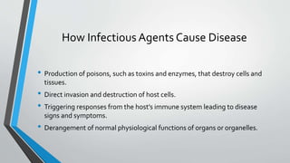 How Infectious Agents Cause Disease 
• Production of poisons, such as toxins and enzymes, that destroy cells and 
tissues. 
• Direct invasion and destruction of host cells. 
• Triggering responses from the host’s immune system leading to disease 
signs and symptoms. 
• Derangement of normal physiological functions of organs or organelles. 
 