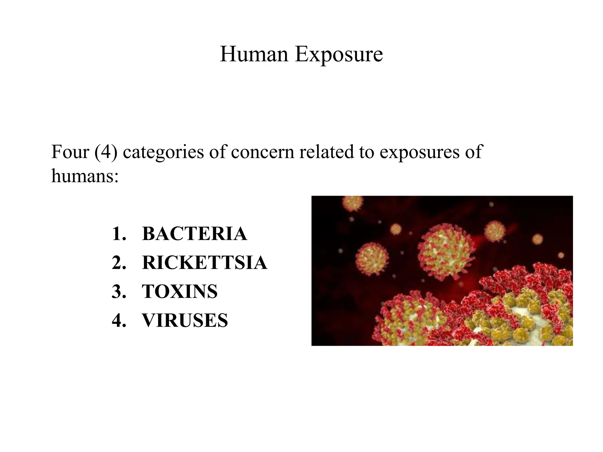 Human Exposure
Four (4) categories of concern related to exposures of
humans:
1. BACTERIA
2. RICKETTSIA
3. TOXINS
4. VIRUSES
 
