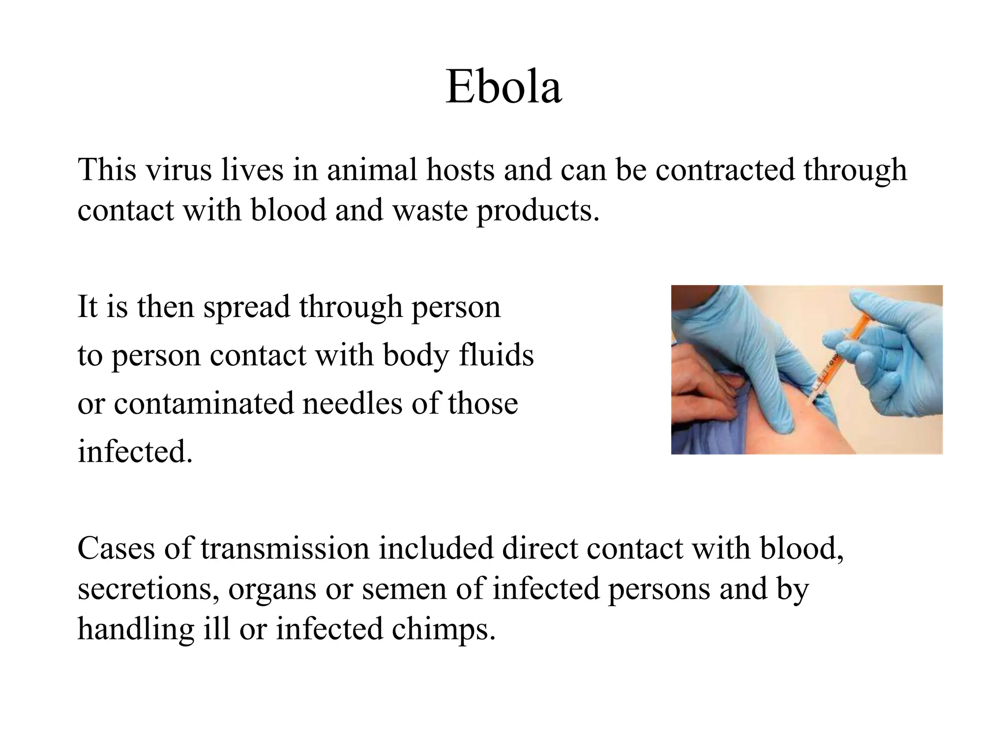 Ebola
This virus lives in animal hosts and can be contracted through
contact with blood and waste products.
It is then spread through person
to person contact with body fluids
or contaminated needles of those
infected.
Cases of transmission included direct contact with blood,
secretions, organs or semen of infected persons and by
handling ill or infected chimps.
 