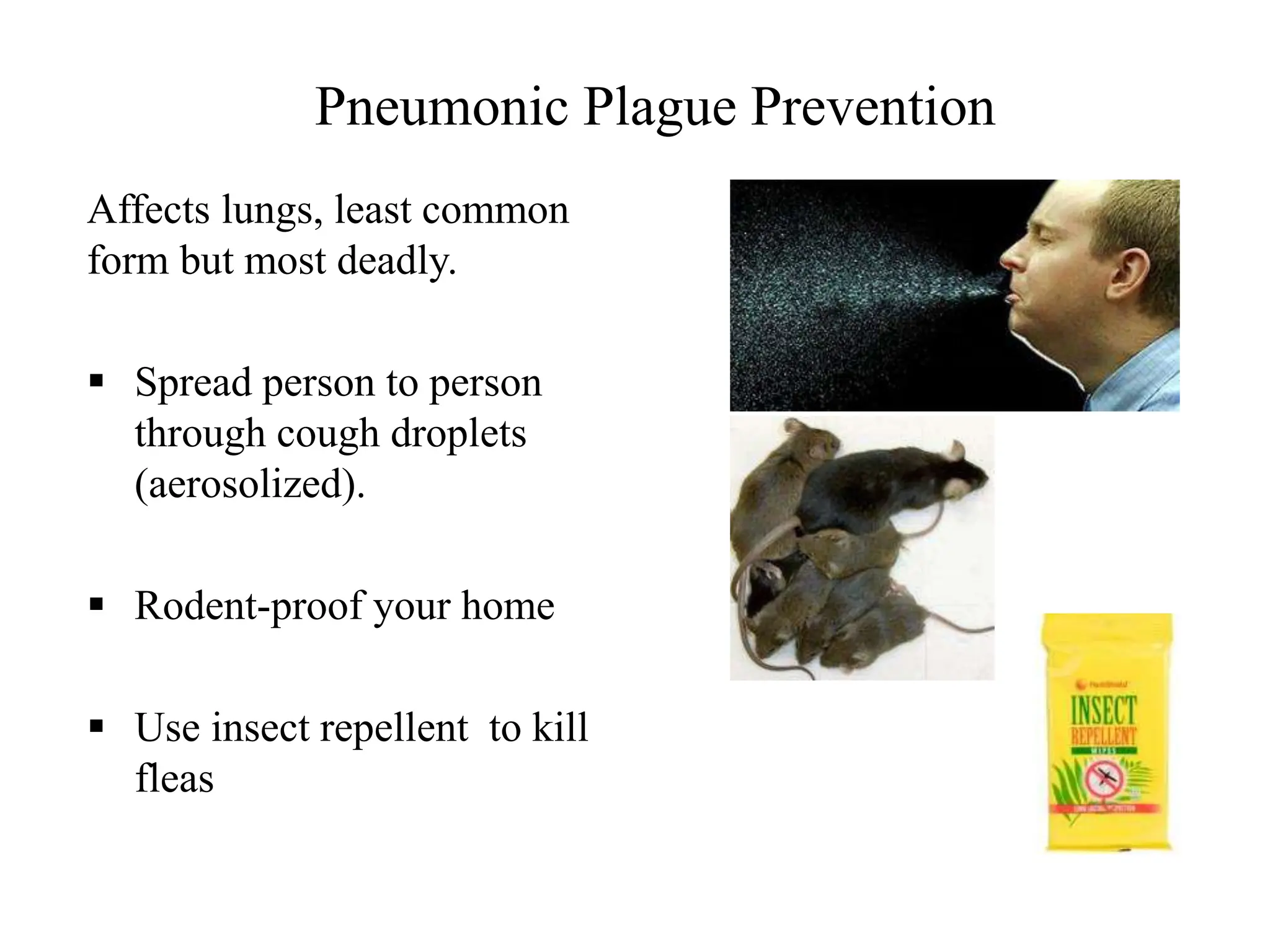 Pneumonic Plague Prevention
Affects lungs, least common
form but most deadly.
 Spread person to person
through cough droplets
(aerosolized).
 Rodent-proof your home
 Use insect repellent to kill
fleas
 