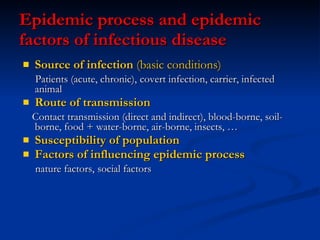 Epidemic process and epidemic factors of infectious disease Source of infection  (basic conditions) Patients (acute, chronic),   c overt infection,  c arrier,  i nfected animal Route of transmission Contact transmission (direct and indirect),  blood-borne,   soil- borne,   f ood  +  water - borne,  a ir-borne ,   i nsects,  … Susceptibility of population Factors of influencing epidemic process   nature factors,   social factors 