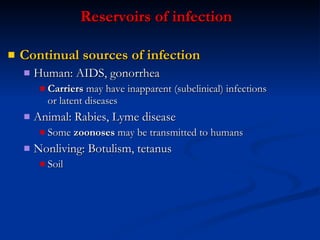 Reservoirs of  i nfection Continual sources of infection Human: AIDS, gonorrhea Carriers  may have inapparent  (subclinical)  infections  or latent diseases Animal: Rabies, Lyme disease Some  zoonoses  may be transmitted to humans Nonliving: Botulism, tetanus Soil 