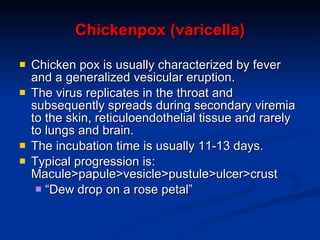 Chickenpox (varicella) Chicken pox is usually characterized by fever and a generalized vesicular eruption. The virus replicates in the throat and subsequently spreads during secondary viremia to the skin, reticuloendothelial tissue and rarely to lungs and brain. The incubation time is usually 11-13 days. Typical progression is:  Macule>papule>vesicle>pustule>ulcer>crust “ Dew drop on a rose petal” 