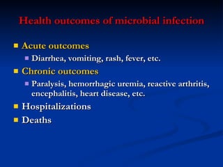 Health  o utcomes of  m icrobial  i nfection Acute  o utcomes Diarrhea, vomiting, rash, fever, etc. Chronic  o utcomes Paralysis, hemorrhagic uremia, reactive arthritis, encephalitis, heart disease, etc. Hospitalizations Deaths 